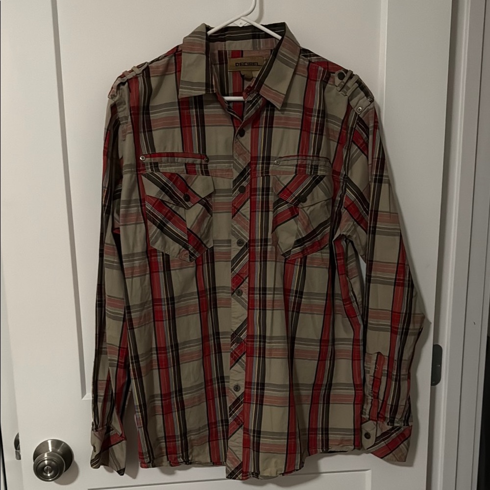 Decibel Men's Casual Button Down Shirt - Red and Tan size L